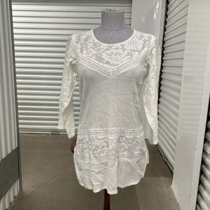 Cute Options 100% Cotton Size Small Lace White Mini Dress Long Sleeve